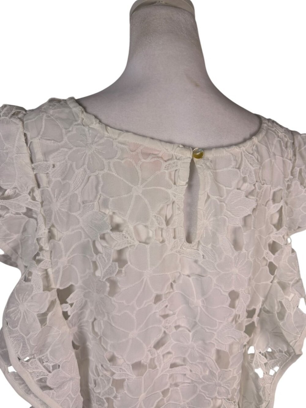 Entro White Floral Lace Blouse Large | 3D Embroidered Flutter Sleeve Top - Picture 6 of 9